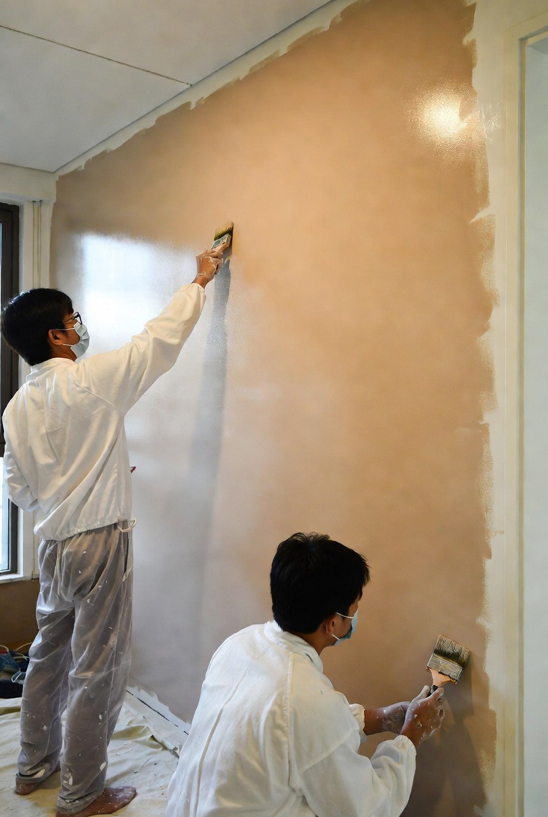 Professional painting team in Singapore inspecting freshly painted interior